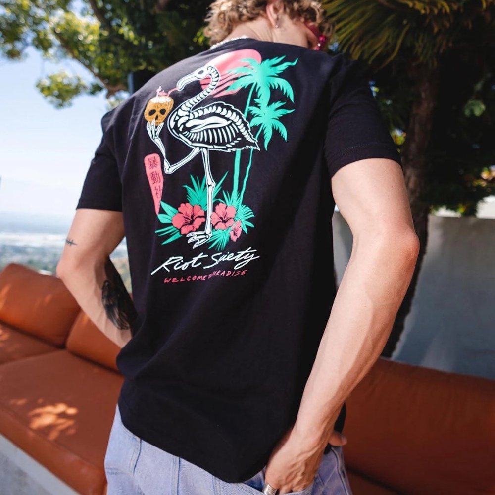 Tropical Skeleton Flamingo Men's Small T-Shirt Black